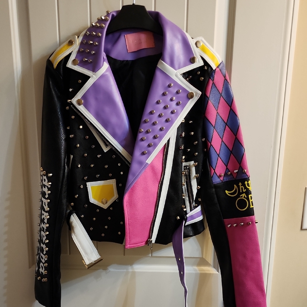 Colorful Studded Leather Biker Jacket